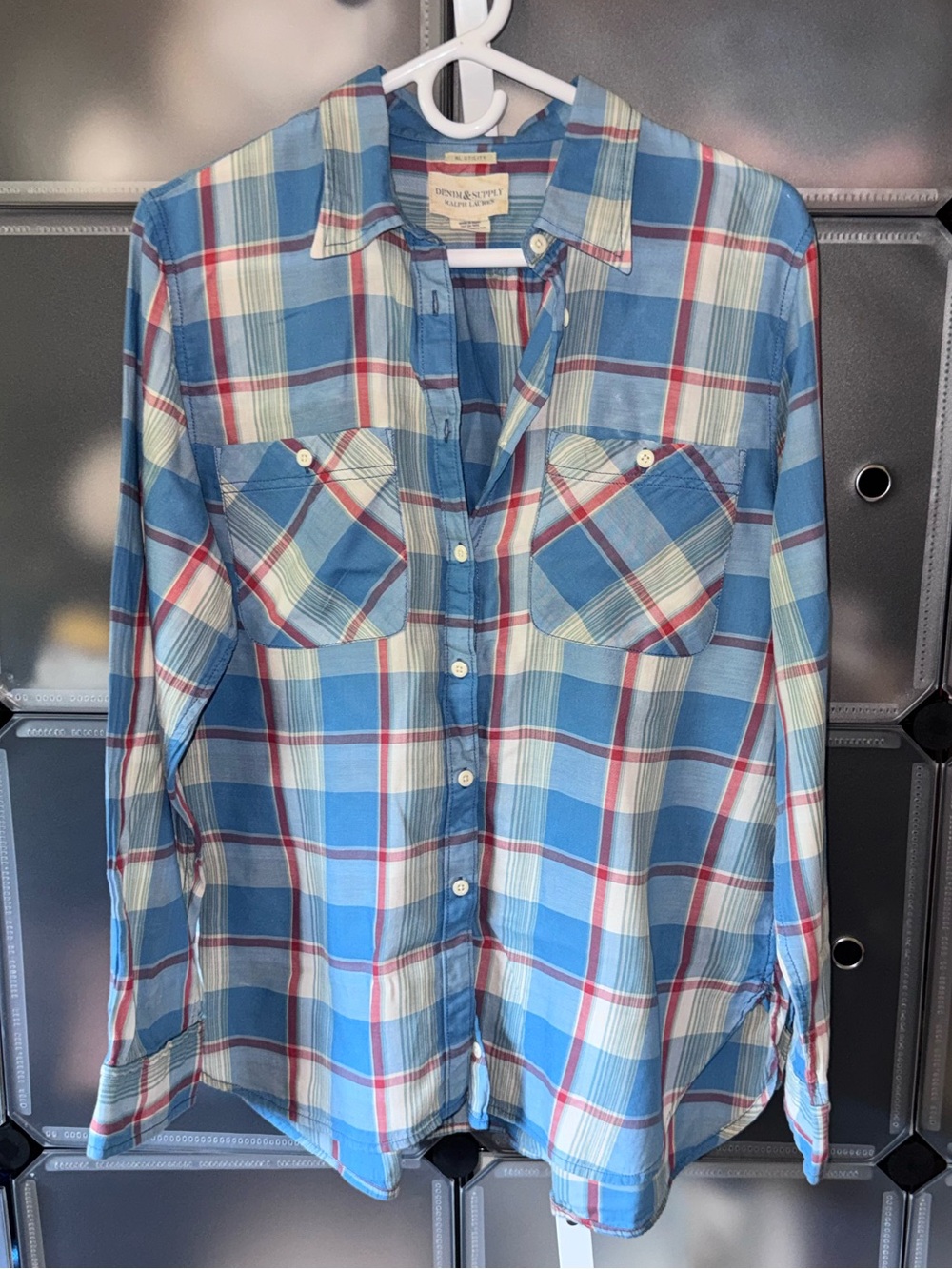 Denim & Supply Ralph Lauren Lightweight Button Up Utility Blue Plaid Shirt XL